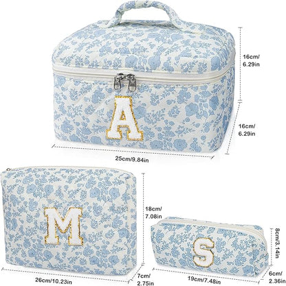 Initial Makeup Bag Set, Personalized Quilted Makeup Bag, Large Floral Cosmetic Bag for Women, Cute Cotton Custom Make up Bags, Flower Travel Toiletry Bag Teen Girl Gift Blue Flower M