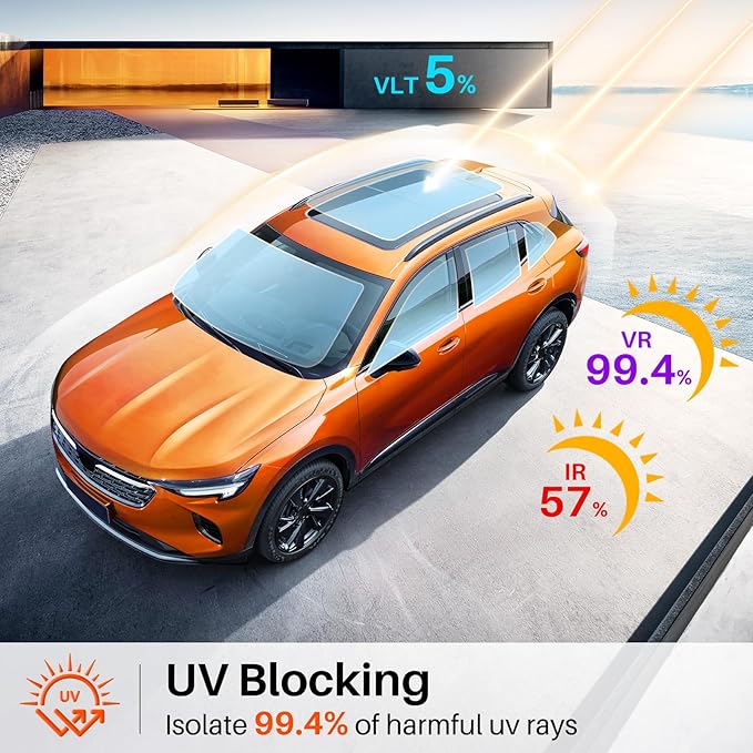 Car Window Tint 5% VLT, 5 Percent Nano Ceramic Window Roll 36" Inch x 25'Ft, Automotive Car Tint for Privacy Sun & Glare Protection UV Heat Blocking, Scratch Resistant 5-Layer