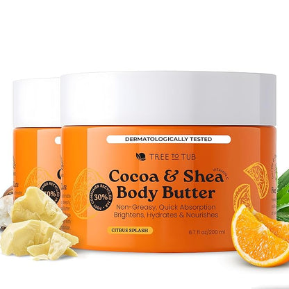 Tree to Tub Shea Body Butter for Dry, Extremely Dry, Sensitive Skin - Moisturizing Body Cream for Women & Men, Hydrating Body Lotion Moisturizer w/Vitamin C, Organic Cocoa, All Natural Citrus Scent