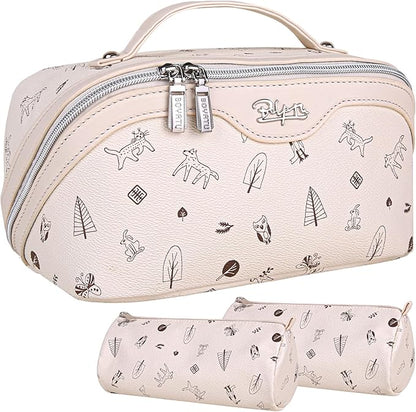 BOYATU Travel Makeup Bag Cosmetic Bags for Women: 3 Pcs Set Portable Make up Bag with Handle - Vegan Leather Toiletry Bags with Compartments - Makeup Organizer for Travel Essentials(L-4-White)