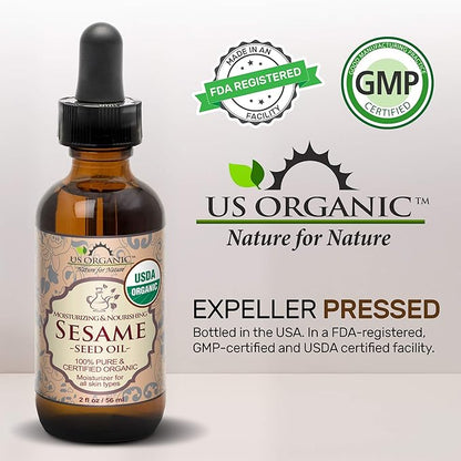 US Organic Sesame Seed Oil, USDA Certified Organic, Untoasted, Unrefined Virgin, 100% Pure & Natural, Cold Pressed, in Amber Glass Bottle w/Glass Eye dropper, Sourced from Mexico (4 oz (Large))