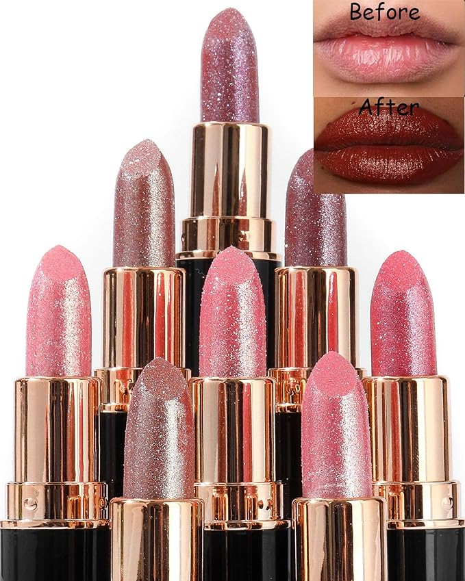 Metallic Glitter Lipstick Matte Long Lasting Nude Pink Lip Gloss for Women,Shimmer Diamond Sparkling Shiny Lip Stick Waterproof Lipgloss Lipstick,High Pigmented Tinted Red Lipstain Lipcolor Makeup-01