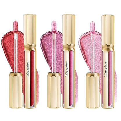 3Pc Lipsticks Set for Women Metallic Lipstick Long Lasting Dark Red Burgundy Pink Lip Gloss, Metal Shine Lightweight Hydrating Full Coverage Lip Color, DP104/107/108