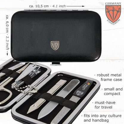 3 Swords Germany - Brand Quality 6 Piece Manicure Pedicure Grooming kit Set - Scissors, Metal and Glass Nail File, Clipper, Tweezers with Synthetic Leather case - Black