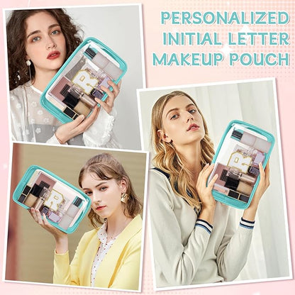 Personalized Initial Clear Makeup Bag, Travel Chenille Patch Cosmetic Bag, Preppy Toiletry Bag Monogram Cosmetic Pouch with Zipper, Ideal Gift for Teen Girls Women (Clear-Green, R)