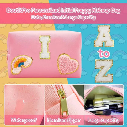 Personalized Inital Preppy Makeup Bag Set with Zipper, Monogram Waterproof Travel Cosmetic Bag for Women, Cute Preppy Patch Toiletry Bag for Traveling Outdoors, Gift Ideal for Christmas Thanksgiving