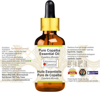Greenwood Essential Pure Copaiba Essential Oil (Copaifera officinalis) with Glass Dropper Steam Distilled 100ml (3.38 oz)