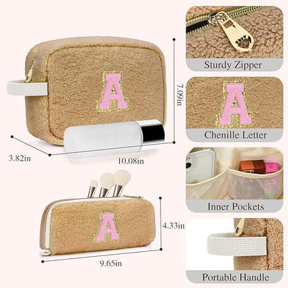 for Christmas Day Gifts, Personalized Initial Cosmetic Bag Pouch for Teen Girls, Preppy Makeup Travel Bags for Daughter Sister Girlfriend, Monogramed Make Up Pouch for Birthday Gifts - Brown R