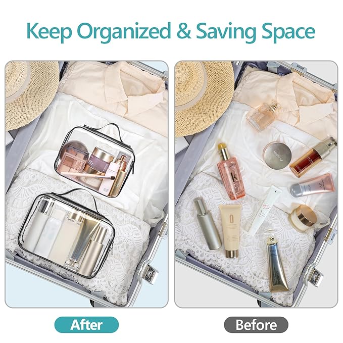 PACKISM Clear Makeup Bag - 2 Pack TSA Approved Toiletry Bag with Handle and 180° Large Opening, Clear Toiletry Bag Fit Carry-on Travel Essential, Travel Bags for Toiletries, Black