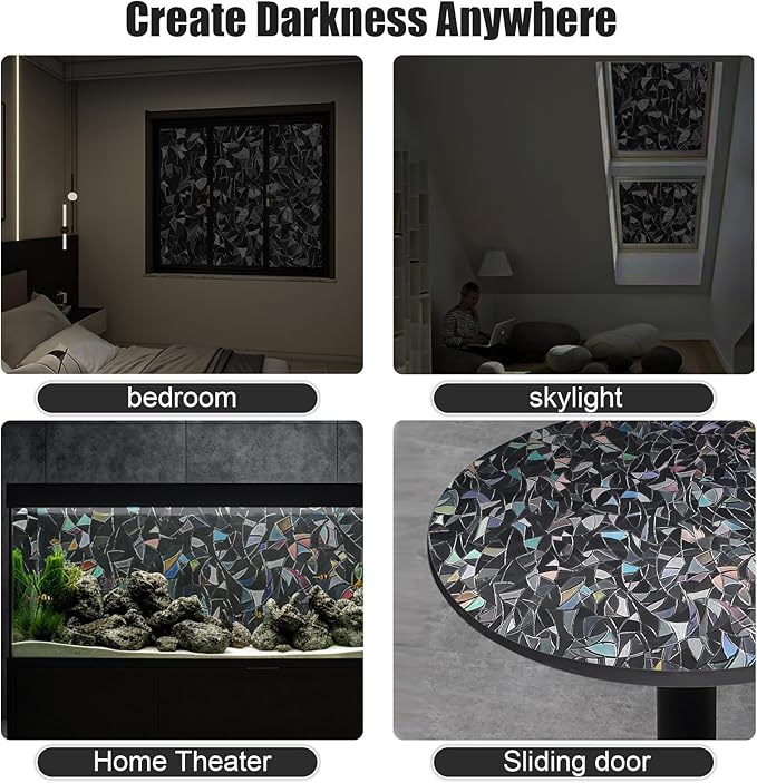 QHY Sunshine Total Blackout Window Film Privacy， Frosted Glass Window Film，Black Window Tint， No Glue， Detachable, no Marks, Suitable for Repeated use (Black Rainbow, 23.6 in X 157.4 in)
