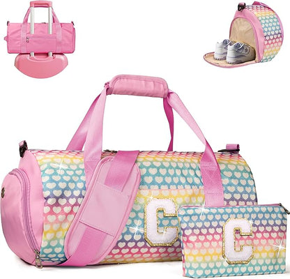 8 Year Old Girl Birthday Gifts, Girls Travel Duffel Bag, Kids Initial Overnight Bags with Shoe Compartment, Personalized Weekender Bag with Makeup Pouch, Perfect for Sleepovers (Letter C)