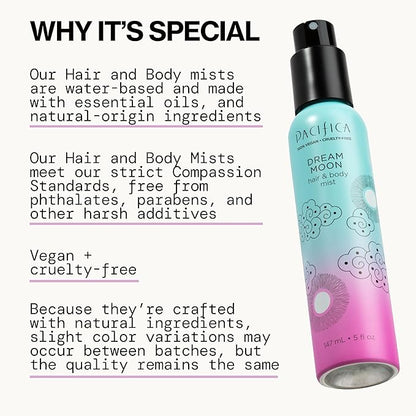Pacifica Hair Perfume & Body Fragrance Spray Mist - Dream Moon with Bergamot, Pear, Pink Rose, Coconut, Vanilla, Sandalwood & Patchouli – Alcohol-Free, Vegan & Cruelty-Free, 5 oz (1 Count)