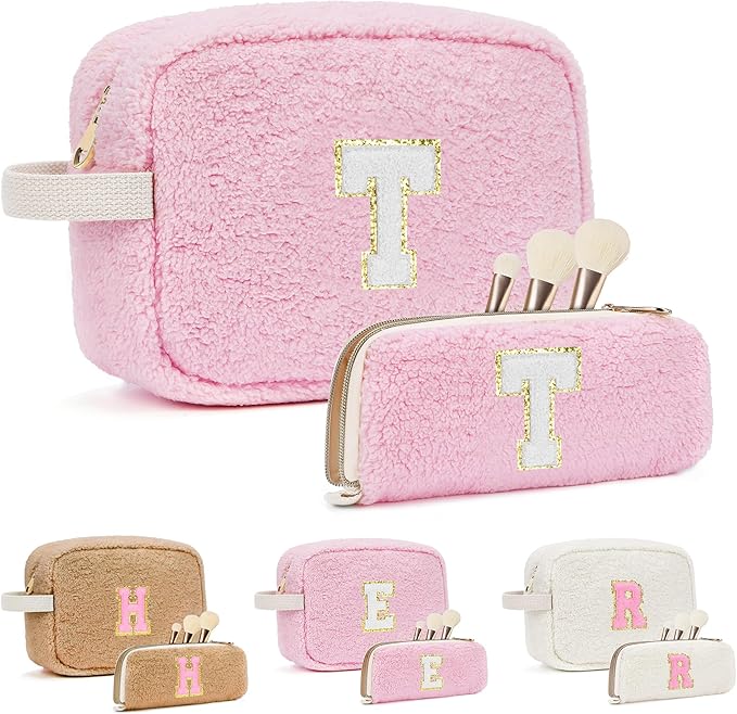 2PCS Makeup Bag with Initials, Christmas Day Gifts for Teen Girls Trendy Stuff, Personalized Cosmetic Travel Bag Pouch for Granddaughter, Cute Plush Make up Bags for Birthday - Pink T