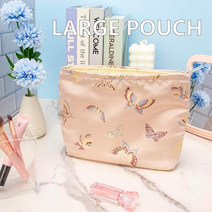 Makeup Bag Large Cotton Zipper Pouch for Purse Travel Canvas Make Up Organizer for Women Cosmetic,Butterfly Pink