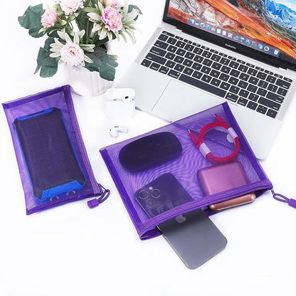 12 Pieces Zipper Nylon Mesh Pouch, Mesh Cosmetic Bags Makeup Bags Pencil Case, Multipurpose Travel Bags for Cosmetic School Office Supplies and Travel Accessories (Purple, A5)