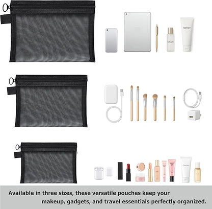 Quotidian Flat Clear Mesh Pencil Pouch Black Makeup Bag with Zipper Cosmetic Organizer 3-Size Pack of 9 - Travel Daily Use Home Storage Office