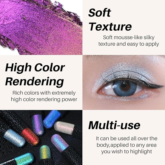 CHARMACY Duochrome Glitter Eyeshadow Stick, Chameleon Metallic Shimmer Smoky Eye Shadow, Long-Lasting Water-Resistant Formula, High Pigmented, Built-in Smudger #07
