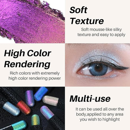 CHARMACY Duochrome Glitter Eyeshadow Stick, Chameleon Metallic Shimmer Smoky Eye Shadow, Long-Lasting Water-Resistant Formula, High Pigmented, Built-in Smudger #07