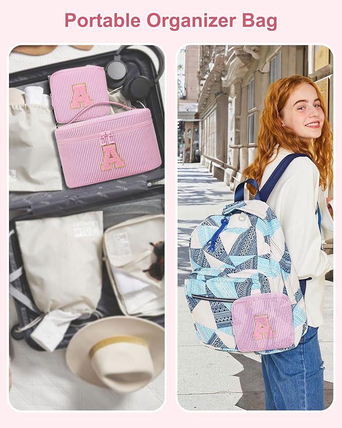 Mom Gifts for Mom, Personalized Initial Makeup Bag Cosmetic Bags for Women Cute|Makeup Pouch Birthday Gifts for Mother,Birthday Gift for Her Cute Toiletry Bag,2PCS Pink M