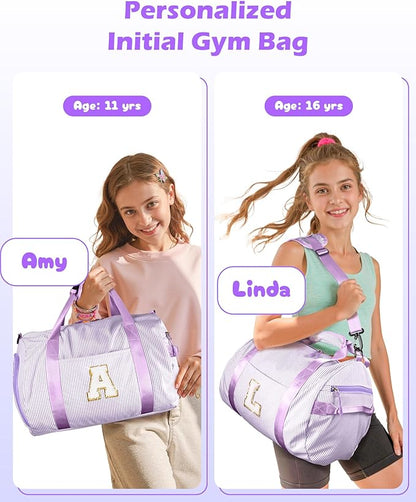 Christmas Gifts for Teen Girls, Girls Travel Duffle Bag, Kids Initial Overnight Duffel Bags with Shoe Compartment, Personalized Dance Bag with Cosmetic Pouch, Gift for Tween (Letter V)