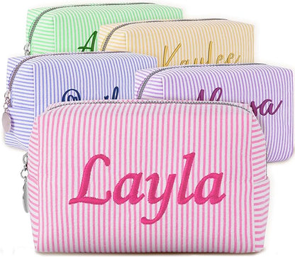 Yofair Personalized Makeup Bag with Name, Large Capacity Travel Toiletry Case Teen Girl Gift Trendy Stufff Custom Seersucker Cosmetic Bags Wedding Birthday Gifts for Girls Women