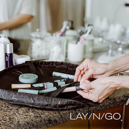 Lay-n-Go Cosmo Drawstring Cosmetic & Makeup Bag Organizer - Portable Drawstring Bag w/Zipper Pocket, Makeup Loops & More - Durable, Machine Washable Toiletry Bag for Travel (20", Metallic Gold)