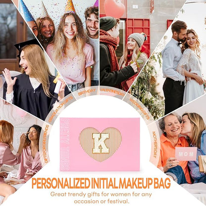2 PCS Initial Makeup Bags for Women: Cosmetic Bag for Travel Toiletry - Birthday Gifts for 11 12 13 14 15 16 17 18 Years Old Girl Graduation Teacher Gift- Teen Girl Gifts Trendy Stuff - Orange K
