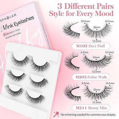 Bepholan False Eyelashes 3D Faux Mink Lashes Natural Look Super Fluffy Eyelashes Volume Strip Eyelashes, Cat Eye Lashes Lightweight Fake Eyelashes Easy to Apply 3 Pairs（M101）