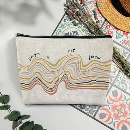 Progress is Not Linear Mental Health Makeup Bag for Purse, Inspirational Motivational Cosmetic Bag Travel Toiletry Bag for Therapist Counselor, Therapy Gifts Zipper Makeup Pouch