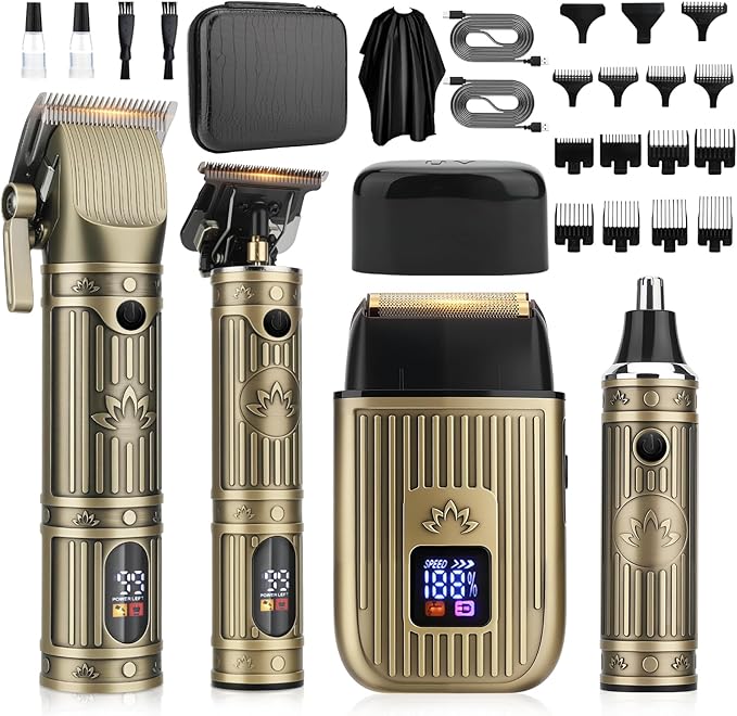 Hair Clippers for Men Professional, T-Blade Barber Clippers and Trimmer Set, 4 in 1 Mens Cordless Hair Clipper for Barber Kit, Foil Thaver and Nose Trimmer for Men with LED Display