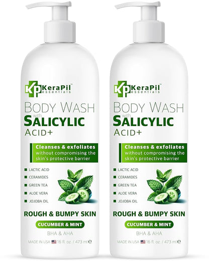 Exfoliating Body Wash with Salicylic Acid - No Dry Out, Gentle Exfoliates Rough and Bumpy Skin, Body Acne Wash, BHA & AHA - Cucumber and Mint Salicylic Acid Body Wash - (16 fl oz x 2)