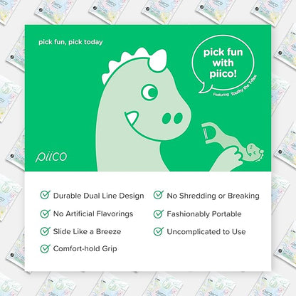 Piico No Flavor Kids Floss - No Fluoride Dual Line Dental Floss Picks - Fun Oral Care in Colorful Floss Sticks Design - Kids Flossers Prevent Tooth Decay & Gum Disease - 150 Homebox Dino & Travel Case