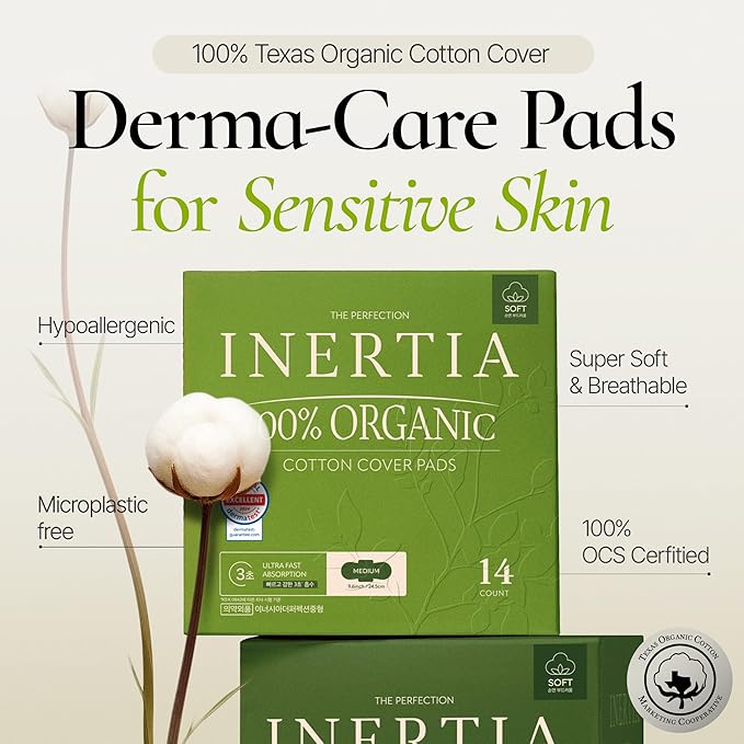 INERTIA The Perfection Green – 100% Organic Cotton Korean Pads with Wings | Regular Absorbency | Breathable Bio-Film for Fast Absorption, Leak-Proof & Hypoallergenic Period Pads for Women (14 Count)