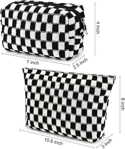 SOIDRAM 2 Pieces Black Makeup Bag Large Checkered Cosmetic Bag Capacity Canvas Mix Travel Toiletry Bag Organizer Cute Makeup Brushes Aesthetic Accessories Storage Bag for Women, Checkered Mix Black