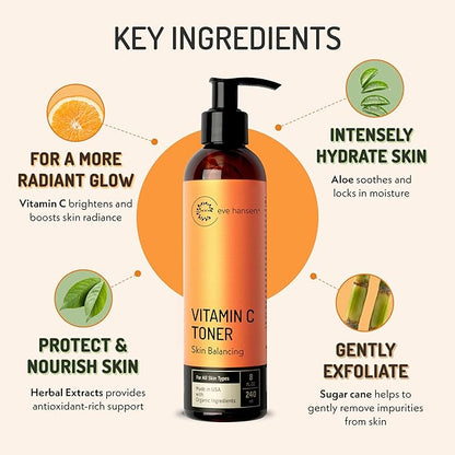 Eve Hansen Vitamin C Toner for face | 8 oz Hydrating Facial Toner Pore Minimizer with Anti Aging Aloe, Citric Acid & Tea Tree | Skin & Face Toner for All Skin Types & Even, Clear Skin