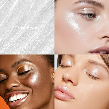 Silver White Shimmer Stick for Eyes, Lips, Face and Body Cream Highlight Eyeshadow, Multi-Use Diamond Like Shine, Moisturizing Formula Sheer Finish (Frost Beam)