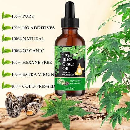 Organic Black Castor Oil,100% Pure Natural ,Cold Pressed, Glass Bottles, Hair,Eyebrow Care, Skin Care, Castor Oil for Body & Carrier Oil