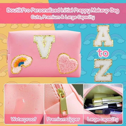 Personalized Inital Preppy Makeup Bag Set with Zipper, Monogram Waterproof Travel Cosmetic Bag for Women, Cute Preppy Patch Toiletry Bag for Traveling Outdoors, Gift Ideal for Christmas Thanksgiving