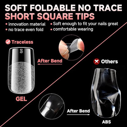 UNA GELLA Short Square Gel Nail Tips 600Pcs, Square Press on Nails Pre Etched Full Cover Soft Gel Nail Tips No C Curve For Women Girl DIY French & Chrome Style Salon At Home 12 Sizes