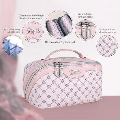 BOYATU Travel Makeup Bag Cosmetic Bags for Women: 3 Pcs Set Portable Make up Bag with Handle - Vegan Leather Toiletry Bags with Compartments - Makeup Organizer for Travel Essentials(A-2-Pink)