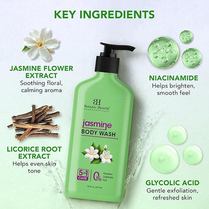 Botanic Hearth Jasmine Body Wash, 5-in-1 Care Formula, Paraben & Sulphate Free, 16 fl oz (473 ml), Gentle Body Cleanser with Soothing Floral Fragrance