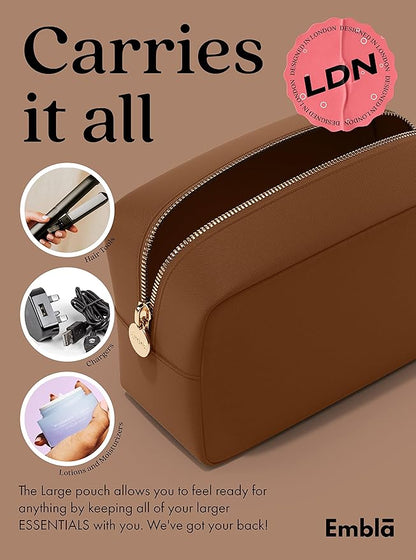 Embla Makeup Bag Travel Cosmetics Pouch and Toiletry Bag, Nylon Zipper Pouch Purse, Cute Make Up Organizer Storage Tote for Women Girls, Waterproof Travel Skincare Case, Large Makeup Bags, Chocolate