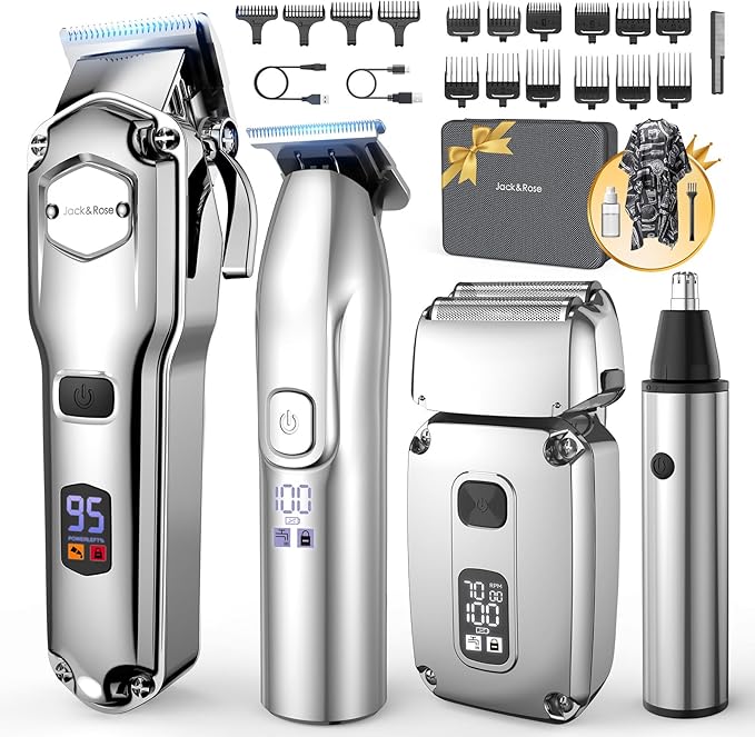 Jack & Rose Hair Clippers for Men Set Professional, Cordless Men Hair Trimmer, Electric Shavers, Barber kit, 4 in 1,LED Display, for Nose, Body, Bald Head