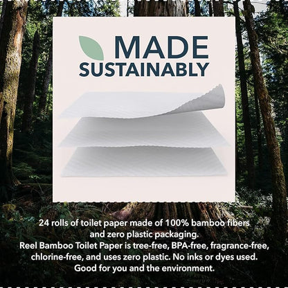 Reel 3-Ply Soft and Strong Bamboo Toilet Paper - 12 Rolls - Toxin-Free, Tree-Free, PFAS Free, BPA Free - Zero Plastic Packaging, Sustainable & Septic Safe