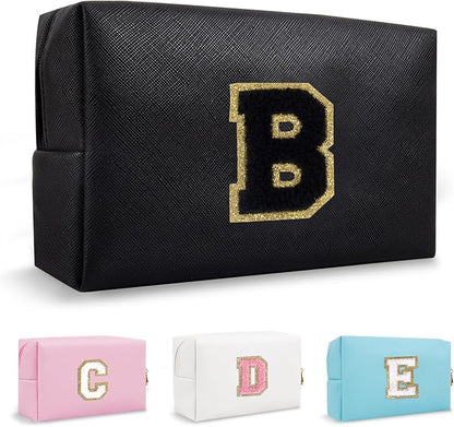 Personalized Initial Travel Preppy Makeup Bag, Small Cute Black Cosmetic Pouch Monogram Toiletry Organizer with Zipper, Waterproof PU Make Up Bags Storage Birthday Bridal Shower Women Gift (Letter B)