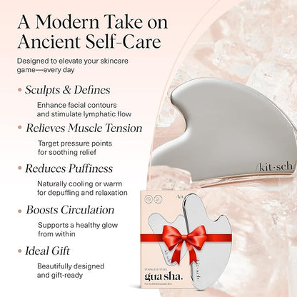 Kitsch Stainless Steel Gua Sha Facial Tools - Guasha Tool for Face, Face Sculpting Tool, Jawline Shaper, Double Chin Reducer, Body Gua Sha Tools, Lymphatic Drainage Massager, Facial Skin Care - Silver
