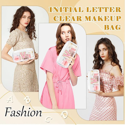 Personalized Initial Letter Clear Makeup Bag,Preppy Small Nylon&PVC Cosmetic Zipper Bag with Chenille Letter,Travel Skincare Toiletry Bag,Monogram Christmas Gift for Teen Girls Women,V