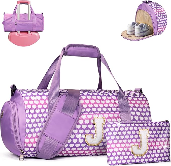 Gift for Teenage Girl, Girls Travel Duffel Bag, Kids Initial Overnight Bags with Shoe Compartment, Personalized Gym Ballet Dance Bag with Makeup Pouch, Sister Birthday Gifts (Letter J)