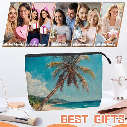 Cosmetic Bags Travel Makeup Toilet Case Waterproof Pouch for Women Girls 6.7X9.45inches - Tilted Coconut Tree on A Tropical Beach