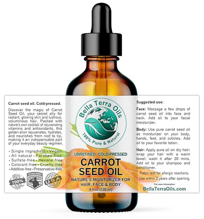 Bella Terra Oils - Organic Carrot Seed Oil 4 oz - Dive into Carotene's Natural Power, High in Essential Fatty Acids, Experience Luxurious Skin Nourishment